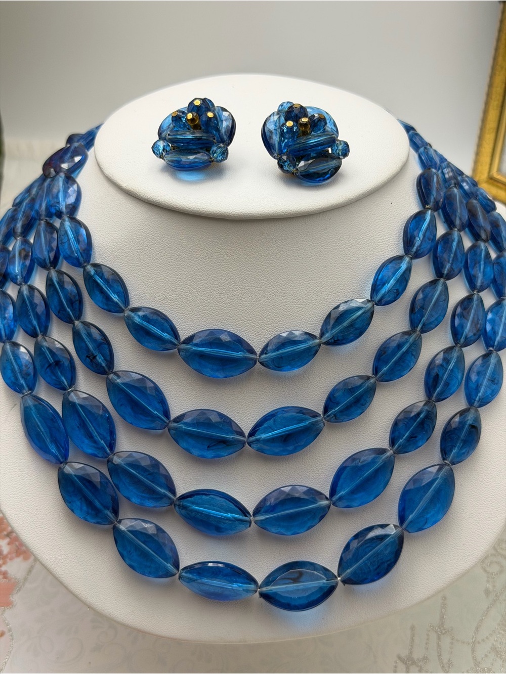 VintageBlue Bead four strand Necklace with Matching Clip-On Earrings